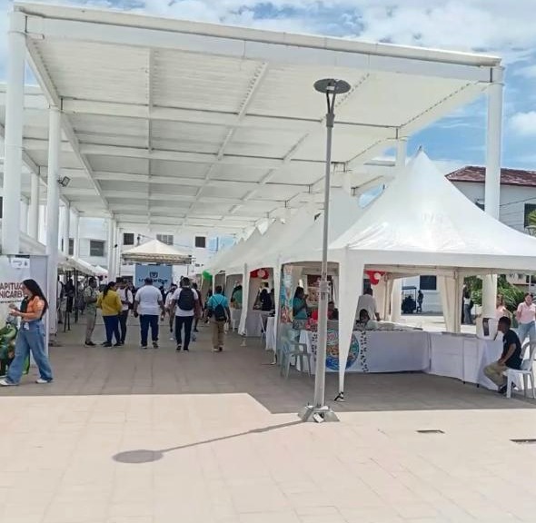 Carpas blancas instaladas en un espacio para eventos