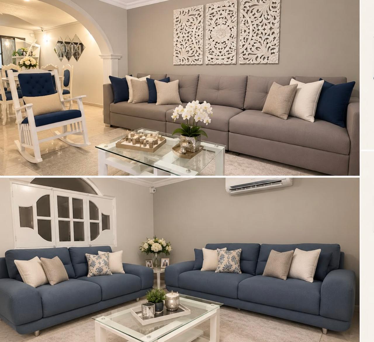 Sofás tapizados en tonos grises y azules en un ambiente residencial